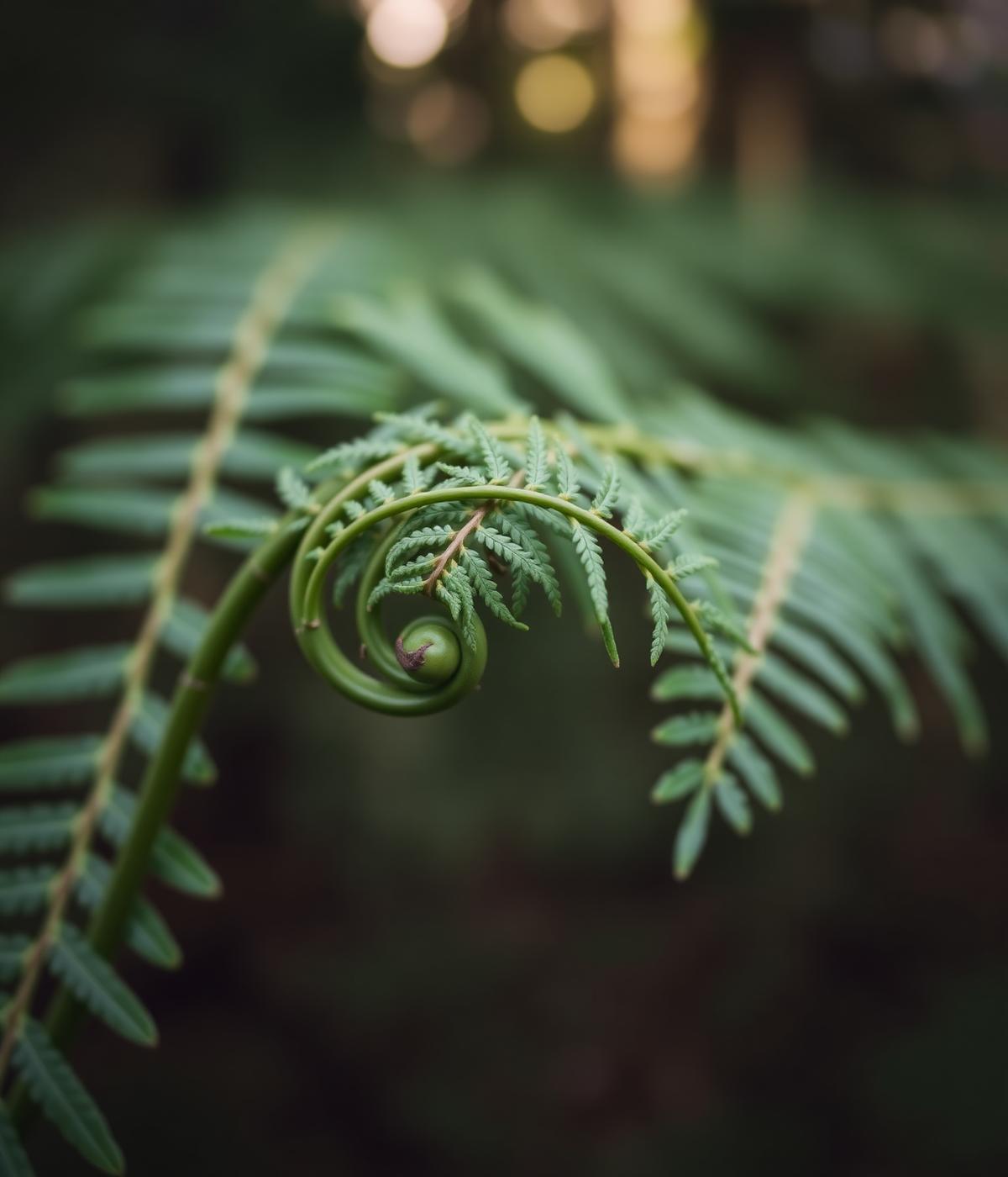 A young fern unfurling in the redwood understory